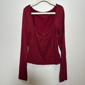 Burgundy Long Sleeve Top Square Neck Fitted Blouse XS